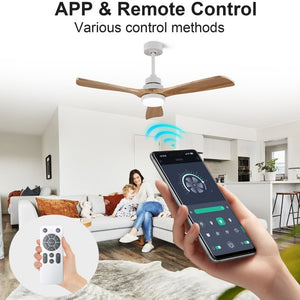 English Elm Solid Wood Blade 52 Inch Ceiling Fan with Dimmable LED Light and Remote Indoor Outdoor W3727P508318
