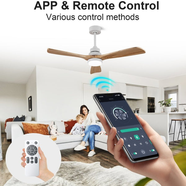 English Elm Solid Wood Blade 52 Inch Ceiling Fan with Dimmable LED Light and Remote Indoor Outdoor W3727P508318