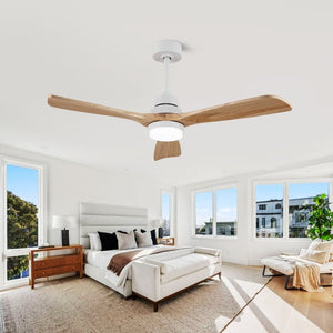 English Elm Solid Wood Blade 52 Inch Ceiling Fan with Dimmable LED Light and Remote Indoor Outdoor W3727P508318