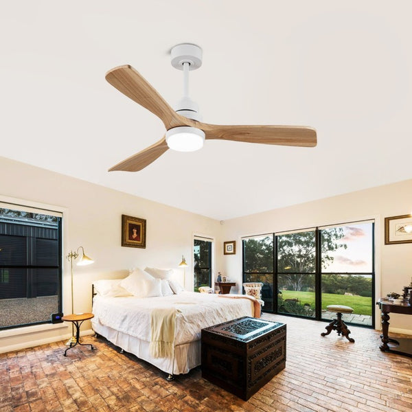 English Elm Solid Wood Blade 52 Inch Ceiling Fan with Dimmable LED Light and Remote Indoor Outdoor W3727P508318