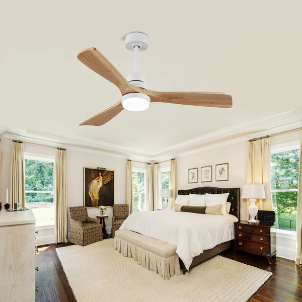 English Elm Solid Wood Blade 52 Inch Ceiling Fan with Dimmable LED Light and Remote Indoor Outdoor W3727P508318