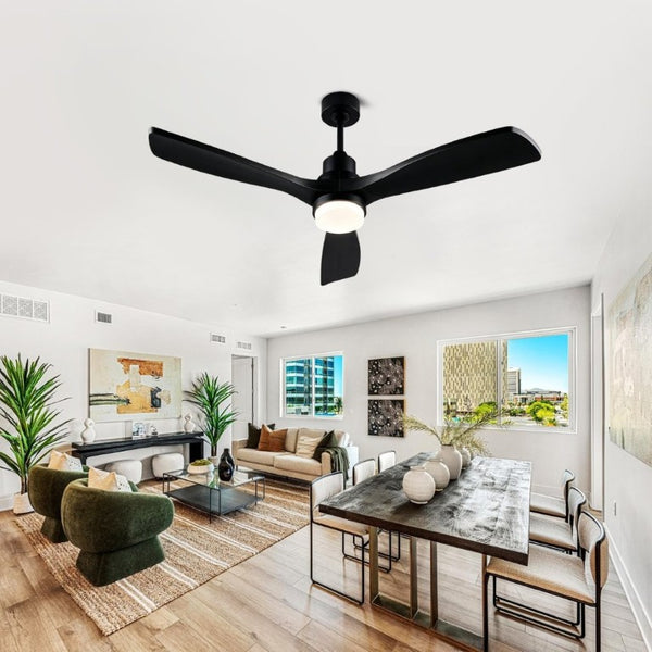 English Elm 52 Inch Solid Wood Blade Ceiling Fan with Dimmable LED Light and Remote Matte Black W3727P508327