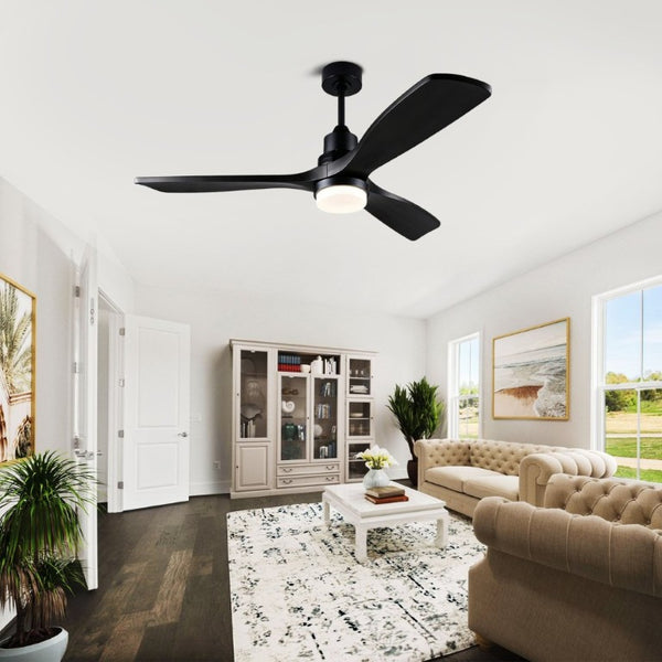 English Elm 52 Inch Solid Wood Blade Ceiling Fan with Dimmable LED Light and Remote Matte Black W3727P508327