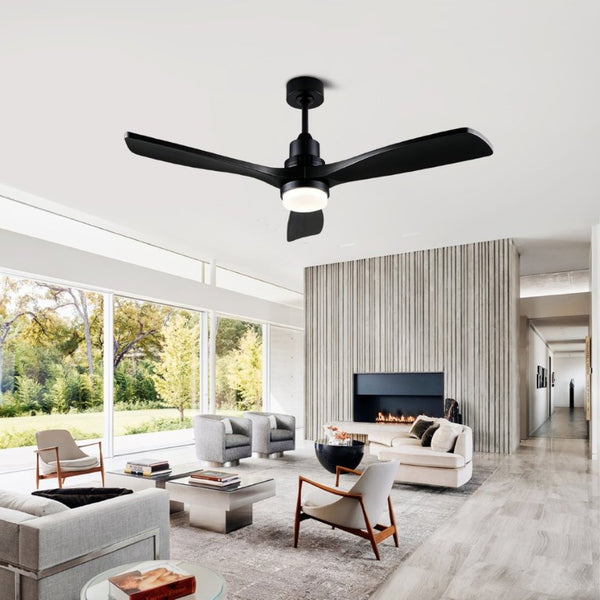 English Elm 52 Inch Solid Wood Blade Ceiling Fan with Dimmable LED Light and Remote Matte Black W3727P508327