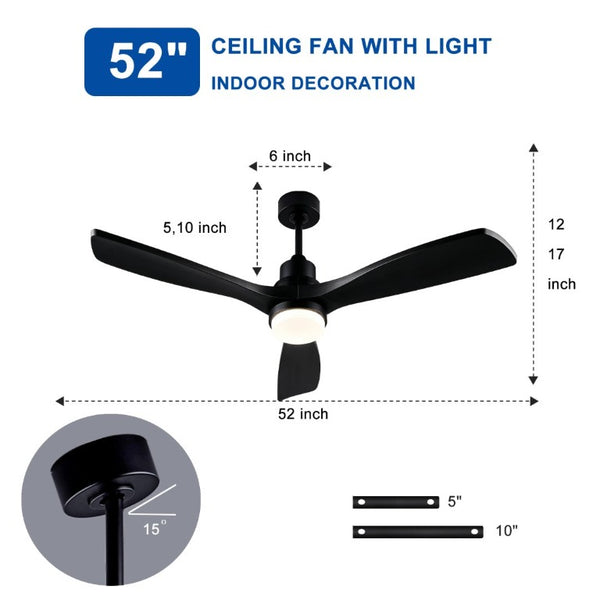 English Elm 52 Inch Solid Wood Blade Ceiling Fan with Dimmable LED Light and Remote Matte Black W3727P508327