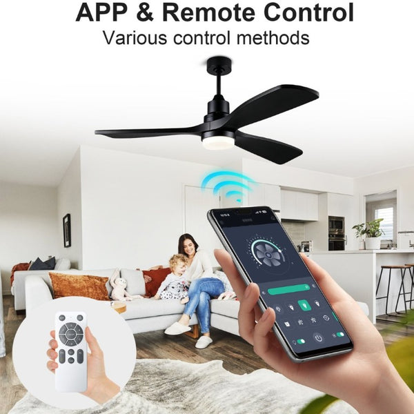 English Elm 52 Inch Solid Wood Blade Ceiling Fan with Dimmable LED Light and Remote Matte Black W3727P508327