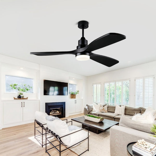 English Elm 52 Inch Solid Wood Blade Ceiling Fan with Dimmable LED Light and Remote Matte Black W3727P508327
