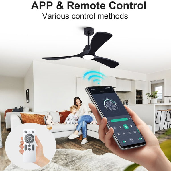 English Elm 52 Inch Black Sycamore Wood Ceiling Fan Dimmable Light Remote 6 Speed DC Motor W3727P508581