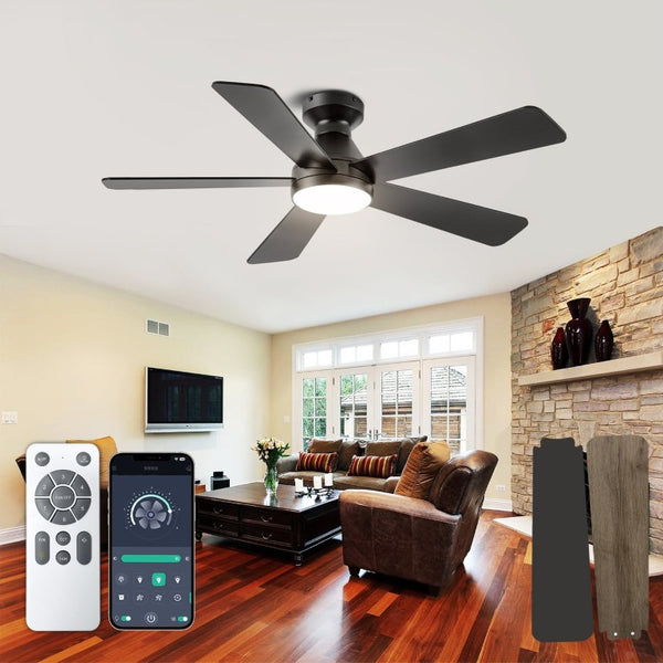 English Elm Ceiling Fan with Dimmable Light Flush Mount 52 Inch Quiet DC Motor Indoor Outdoor Black W3727P511414