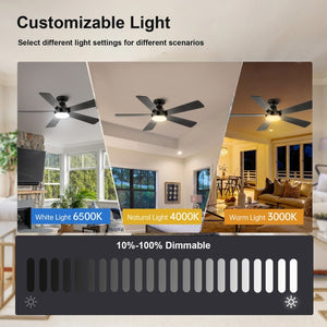 English Elm Ceiling Fan with Dimmable Light Flush Mount 52 Inch Quiet DC Motor Indoor Outdoor Black W3727P511414