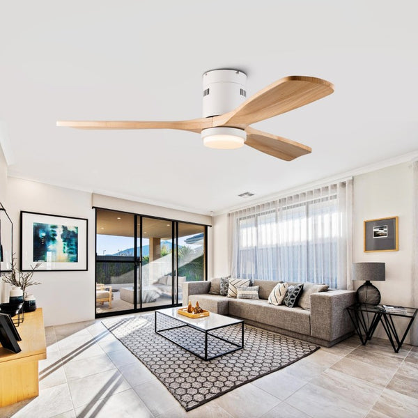 English Elm 52 Inch Flush Mount Ceiling Fan Solid Wood Blades Dimmable Light Remote Bedroom W3727P511437
