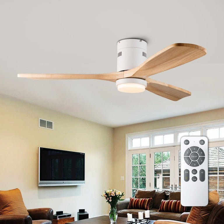 English Elm 52 Inch Flush Mount Ceiling Fan Solid Wood Blades Dimmable Light Remote Bedroom W3727P511437
