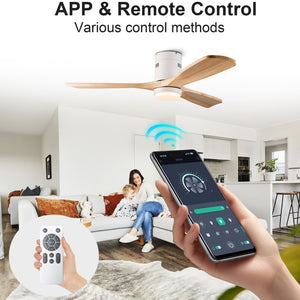 English Elm 52 Inch Flush Mount Ceiling Fan Solid Wood Blades Dimmable Light Remote Bedroom W3727P511437