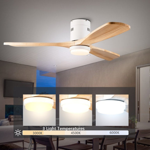 English Elm 52 Inch Flush Mount Ceiling Fan Solid Wood Blades Dimmable Light Remote Bedroom W3727P511437