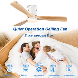 English Elm 52 Inch Flush Mount Ceiling Fan Solid Wood Blades Dimmable Light Remote Bedroom W3727P511437