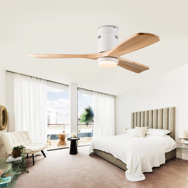 English Elm 52 Inch Flush Mount Ceiling Fan Solid Wood Blades Dimmable Light Remote Bedroom W3727P511437