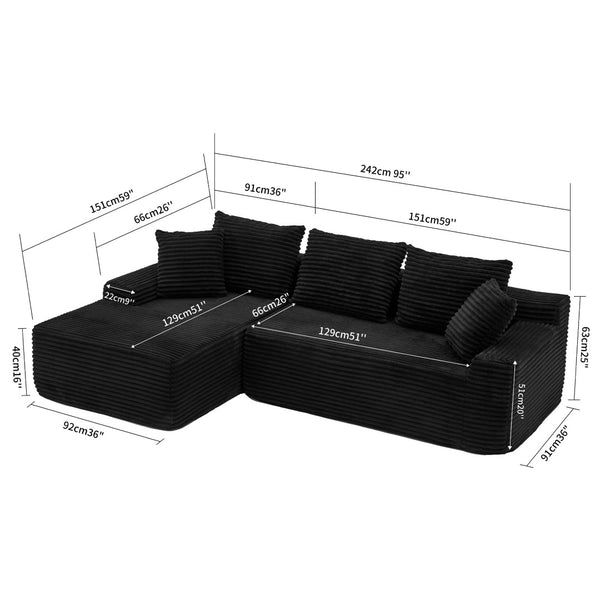 English Elm 95 Inch Modular L Shaped Sectional Sofa Corduroy Cloud Cushion Living Room Chaise W3728P499617