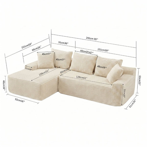 English Elm 95 Inch Modular Cloud Sectional Sofa Corduroy Upholstered L-Shaped Living Room Couch W3728P502511