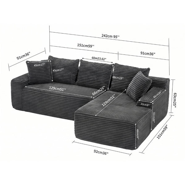 English Elm 95 Inch Modular L Shaped Corduroy Sectional Sofa Cloud Cushion Living Room Chaise W3728P502532