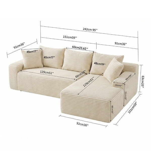 English Elm 95 Inch Modular L Shaped Sectional Sofa Corduroy Cloud Cushion Chaise Living Room W3728P502535