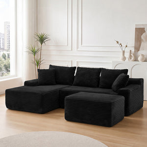 English Elm 95 Inch Corduroy Cloud Sofa Modular L Shaped Sectional with Chaise and Ottoman Black - B W3728S00016