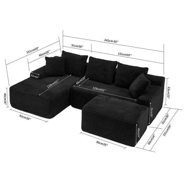 English Elm 95 Inch Corduroy Cloud Sofa Modular L Shaped Sectional with Chaise and Ottoman Black - B W3728S00016