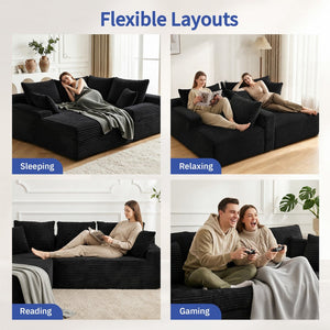 English Elm 95 Inch Corduroy Cloud Sofa Modular L Shaped Sectional with Chaise and Ottoman Black - B W3728S00016