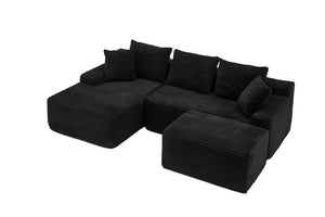 English Elm 95 Inch Corduroy Cloud Sofa Modular L Shaped Sectional with Chaise and Ottoman Black - B W3728S00016