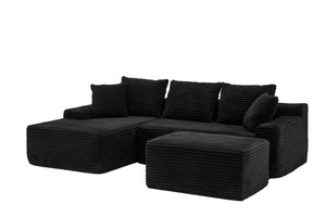 English Elm 95 Inch Corduroy Cloud Sofa Modular L Shaped Sectional with Chaise and Ottoman Black - B W3728S00016