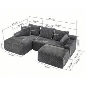English Elm 95 Inch Modular Cloud Sectional Sofa Corduroy Upholstered L Shaped Chaise with Ottoman W3728S00017