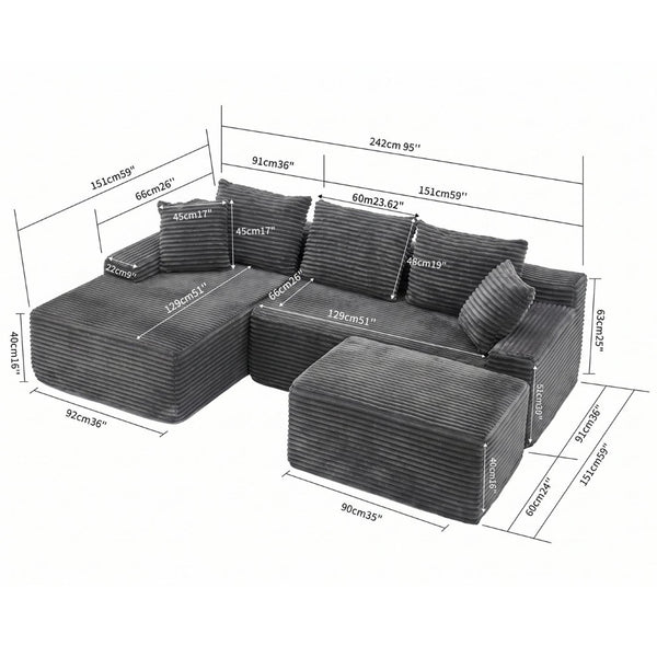 English Elm 95 Inch Modular Cloud Sectional Sofa Corduroy Upholstered L Shaped Chaise with Ottoman W3728S00017