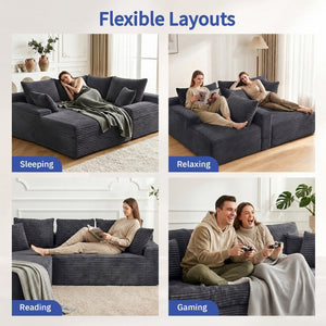 English Elm 95 Inch Modular Cloud Sectional Sofa Corduroy Upholstered L Shaped Chaise with Ottoman W3728S00017