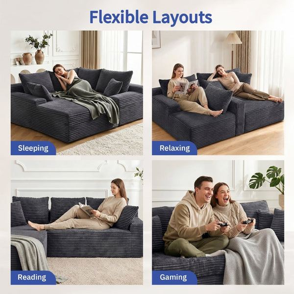 English Elm 95 Inch Modular Cloud Sectional Sofa Corduroy Upholstered L Shaped Chaise with Ottoman W3728S00017
