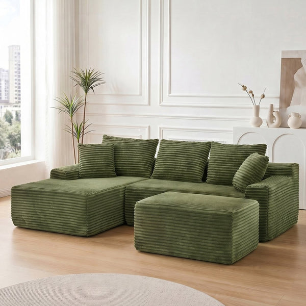 English Elm 95 Inch Sink-In Corduroy Sectional Sofa Spring Foam Modular Chaise Ottoman Set W3728S00018