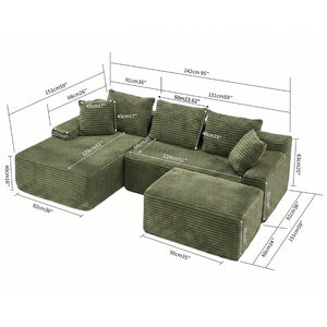 English Elm 95 Inch Sink-In Corduroy Sectional Sofa Spring Foam Modular Chaise Ottoman Set W3728S00018