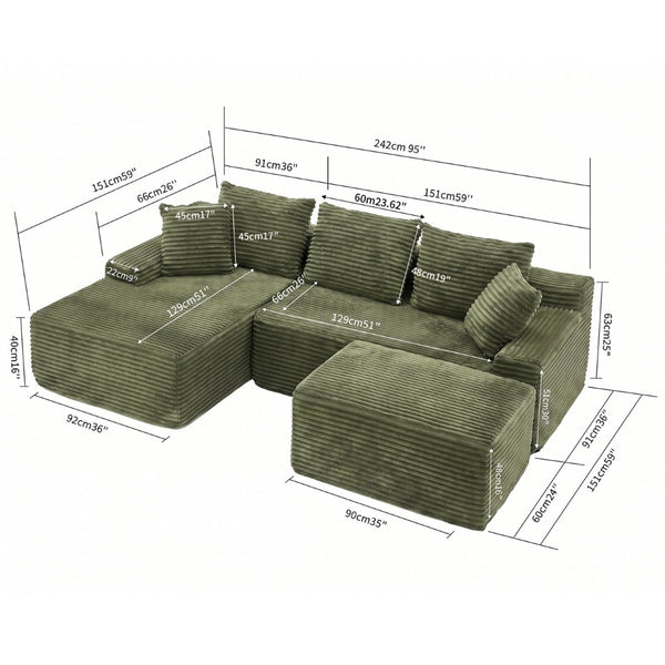 English Elm 95 Inch Sink-In Corduroy Sectional Sofa Spring Foam Modular Chaise Ottoman Set W3728S00018