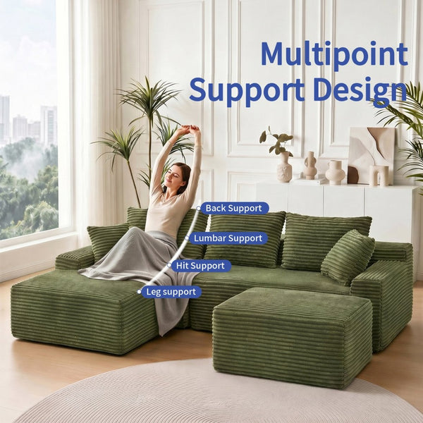 English Elm 95 Inch Sink-In Corduroy Sectional Sofa Spring Foam Modular Chaise Ottoman Set W3728S00018