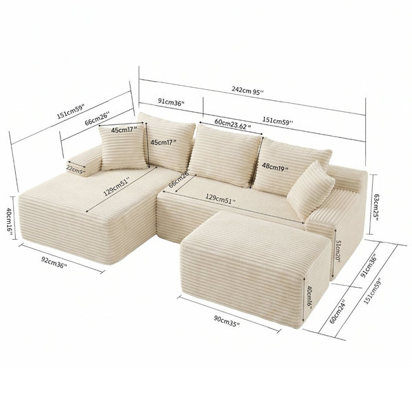 English Elm 95 Inch Brushed Corduroy Cloud Sectional Two Module L Shape Sofa with Chaise W3728S00019