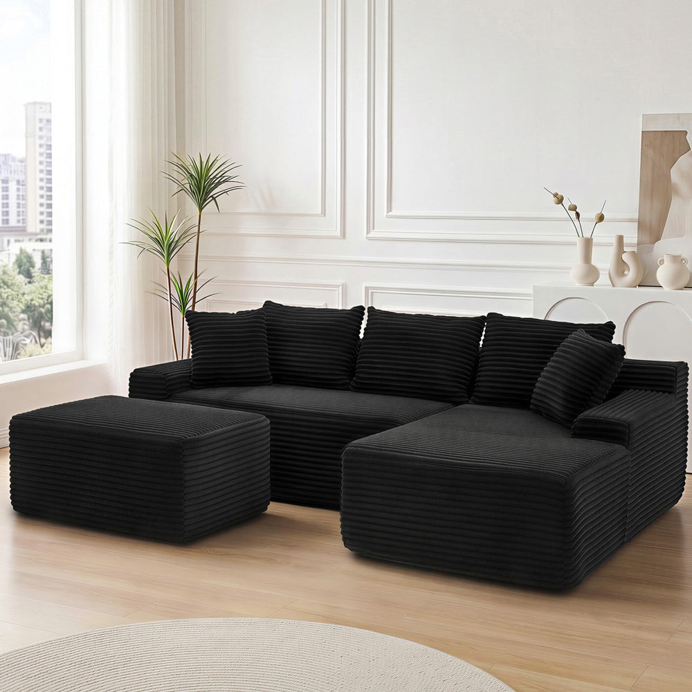 English Elm 95 Inch Corduroy Cloud Sofa Modular L Shaped Sectional with Chaise and Ottoman Black - A W3728S00020