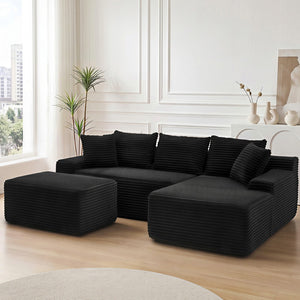 English Elm 95 Inch Corduroy Cloud Sofa Modular L Shaped Sectional with Chaise and Ottoman Black - A W3728S00020