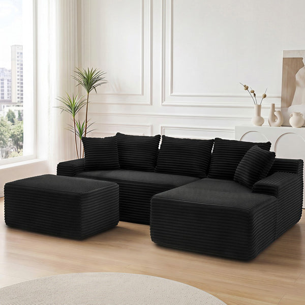 English Elm 95 Inch Corduroy Cloud Sofa Modular L Shaped Sectional with Chaise and Ottoman Black - A W3728S00020