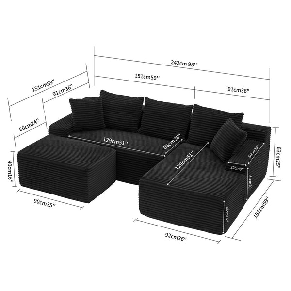 English Elm 95 Inch Corduroy Cloud Sofa Modular L Shaped Sectional with Chaise and Ottoman Black - A W3728S00020