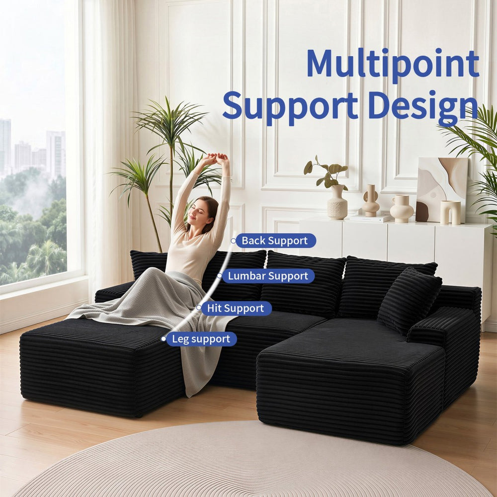 English Elm 95 Inch Corduroy Cloud Sofa Modular L Shaped Sectional with Chaise and Ottoman Black - A W3728S00020