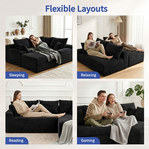 English Elm 95 Inch Corduroy Cloud Sofa Modular L Shaped Sectional with Chaise and Ottoman Black - A W3728S00020