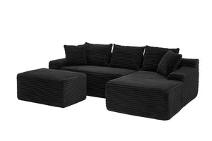 English Elm 95 Inch Corduroy Cloud Sofa Modular L Shaped Sectional with Chaise and Ottoman Black - A W3728S00020