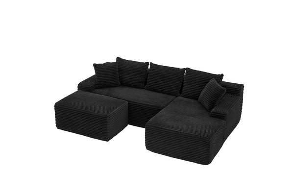 English Elm 95 Inch Corduroy Cloud Sofa Modular L Shaped Sectional with Chaise and Ottoman Black - A W3728S00020