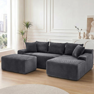 English Elm 95 Inch L Shaped Corduroy Sectional Cloud Sofa Modular Living Room Chaise Ottoman W3728S00021