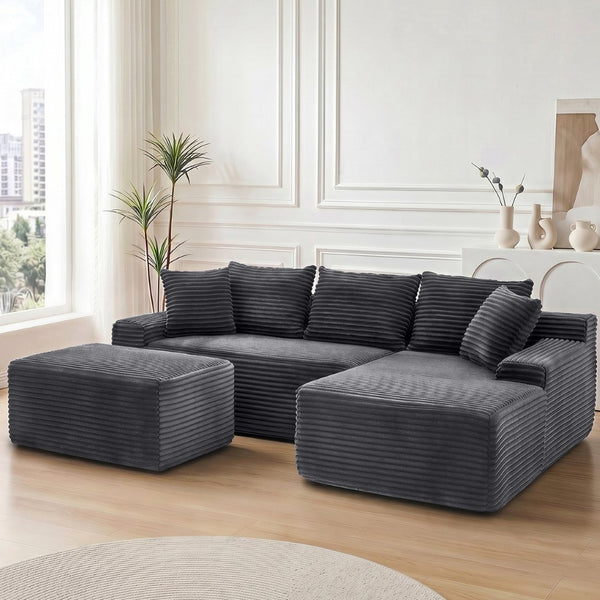 English Elm 95 Inch L Shaped Corduroy Sectional Cloud Sofa Modular Living Room Chaise Ottoman W3728S00021