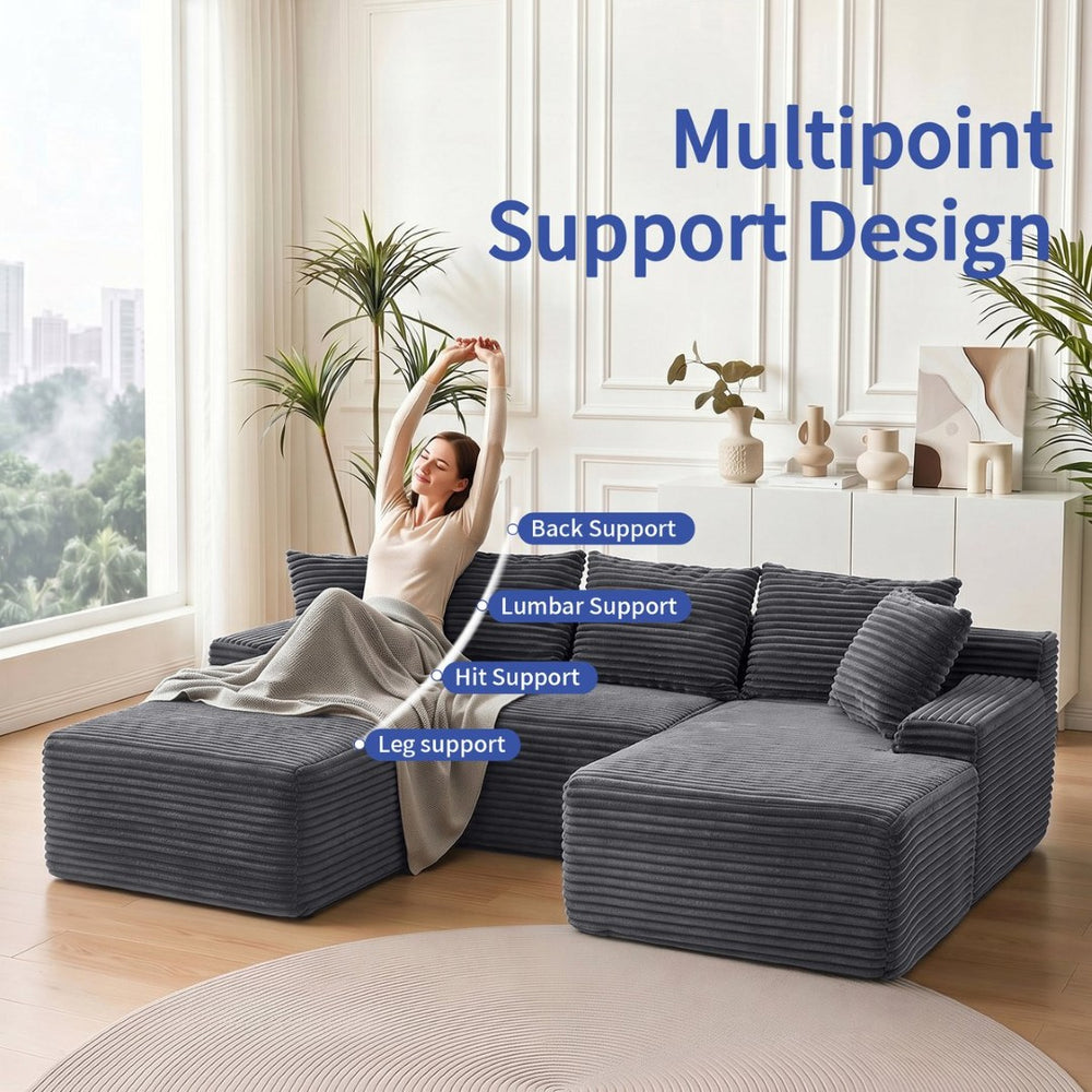 English Elm 95 Inch L Shaped Corduroy Sectional Cloud Sofa Modular Living Room Chaise Ottoman W3728S00021