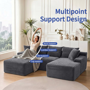 English Elm 95 Inch L Shaped Corduroy Sectional Cloud Sofa Modular Living Room Chaise Ottoman W3728S00021